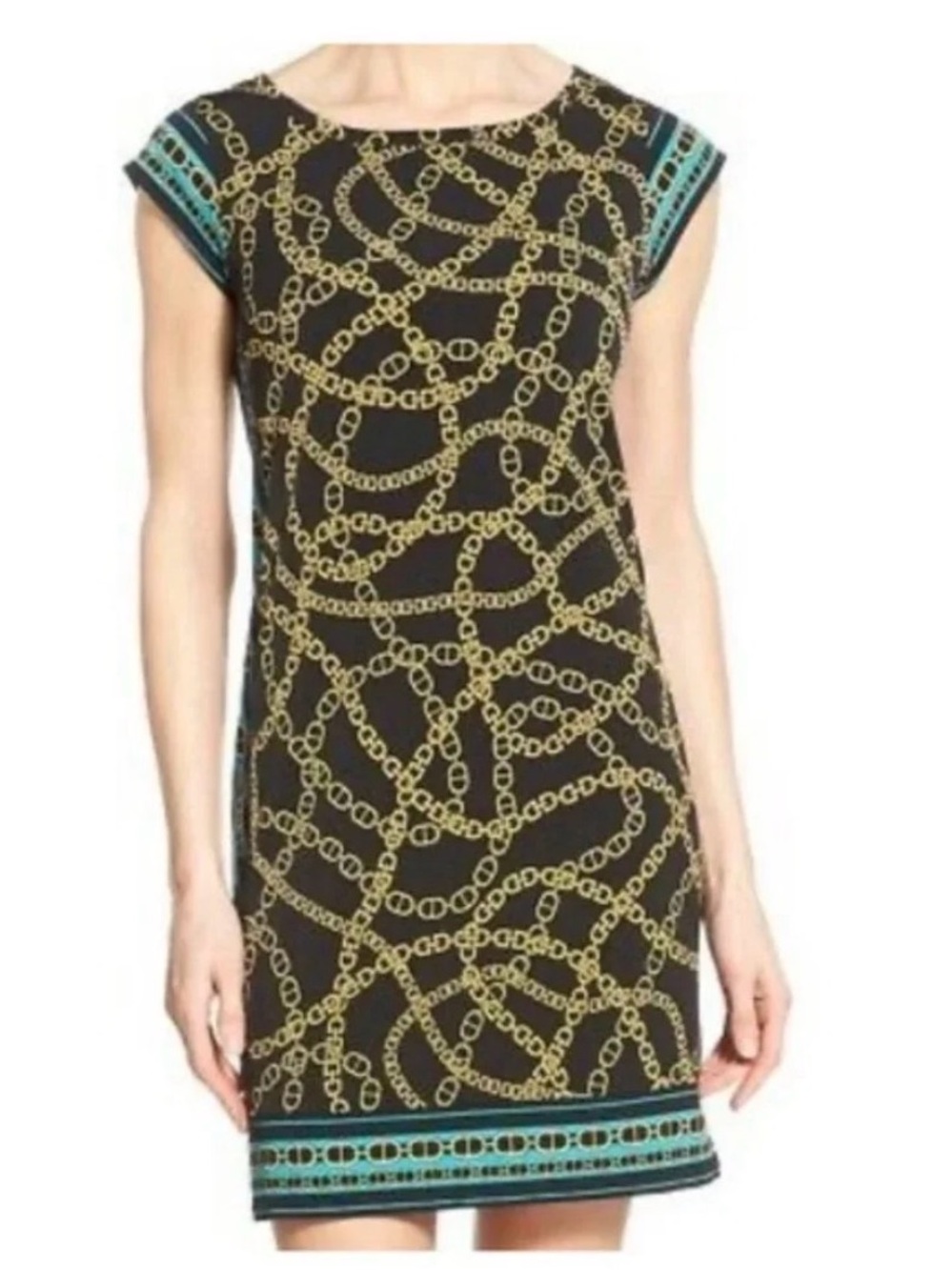Michael Kors Keegan  Dress Chain-Print Shift Dress with Teal Trim